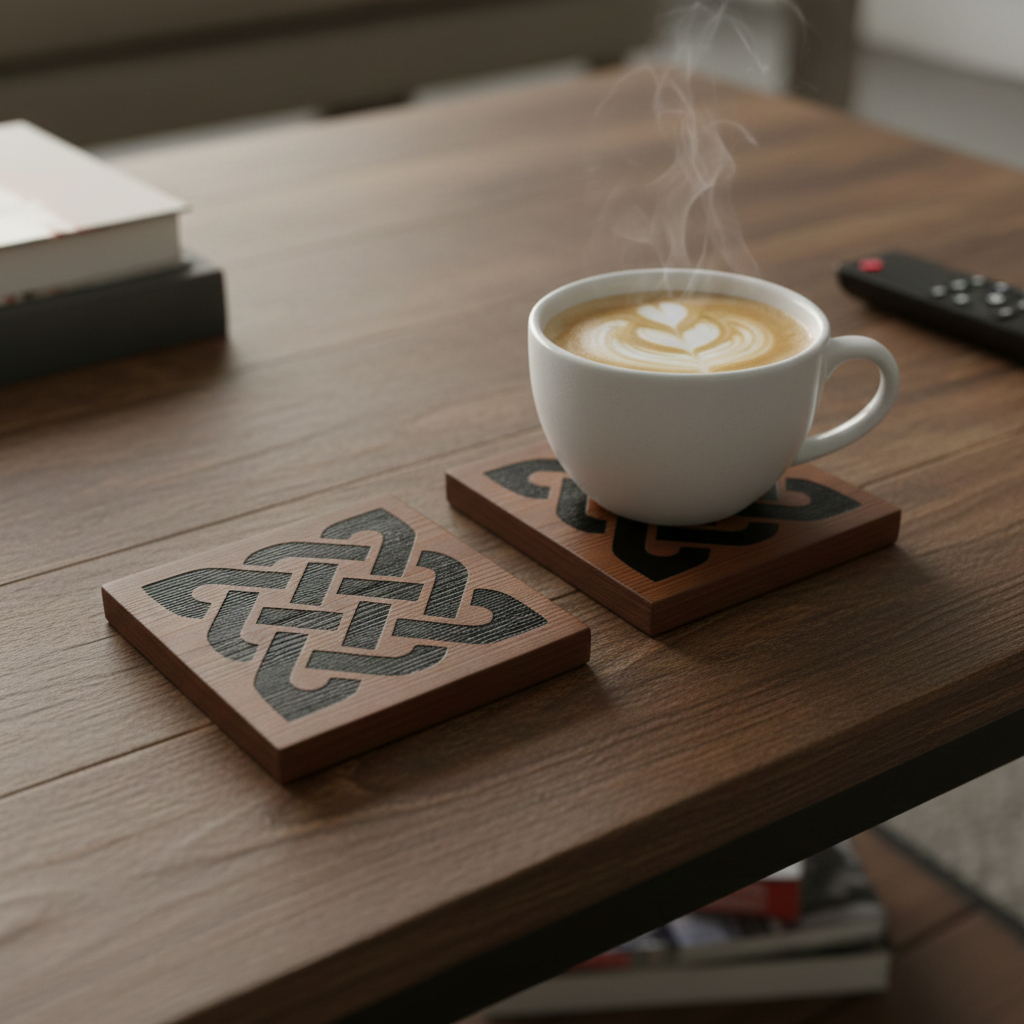 Set of 4,  Chunky, Celt Knot, Wood Drink Coasters, 100mm x 100mm x 17mm. with bumper feet.