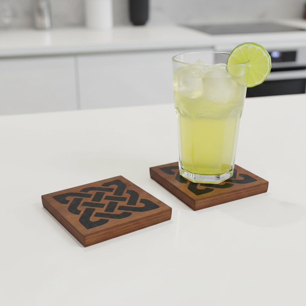 Set of 4,  Chunky, Celt Knot, Wood Drink Coasters, 100mm x 100mm x 17mm. with bumper feet.