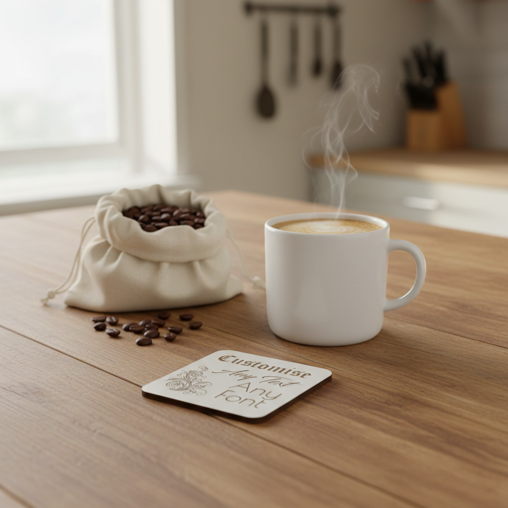 Set of 4, Customise your own Coaster, Any Text, Any Font, with bumper feet. White Topped Wood. 9.5cm x 9.5cm