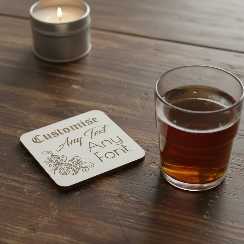 Set of 4, Customise your own Coaster, Any Text, Any Font, with bumper feet. White Topped Wood. 9.5cm x 9.5cm