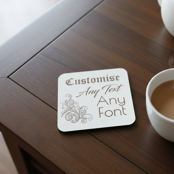 Set of 4, Customise your own Coaster, Any Text, Any Font, with bumper feet. White Topped Wood. 9.5cm x 9.5cm
