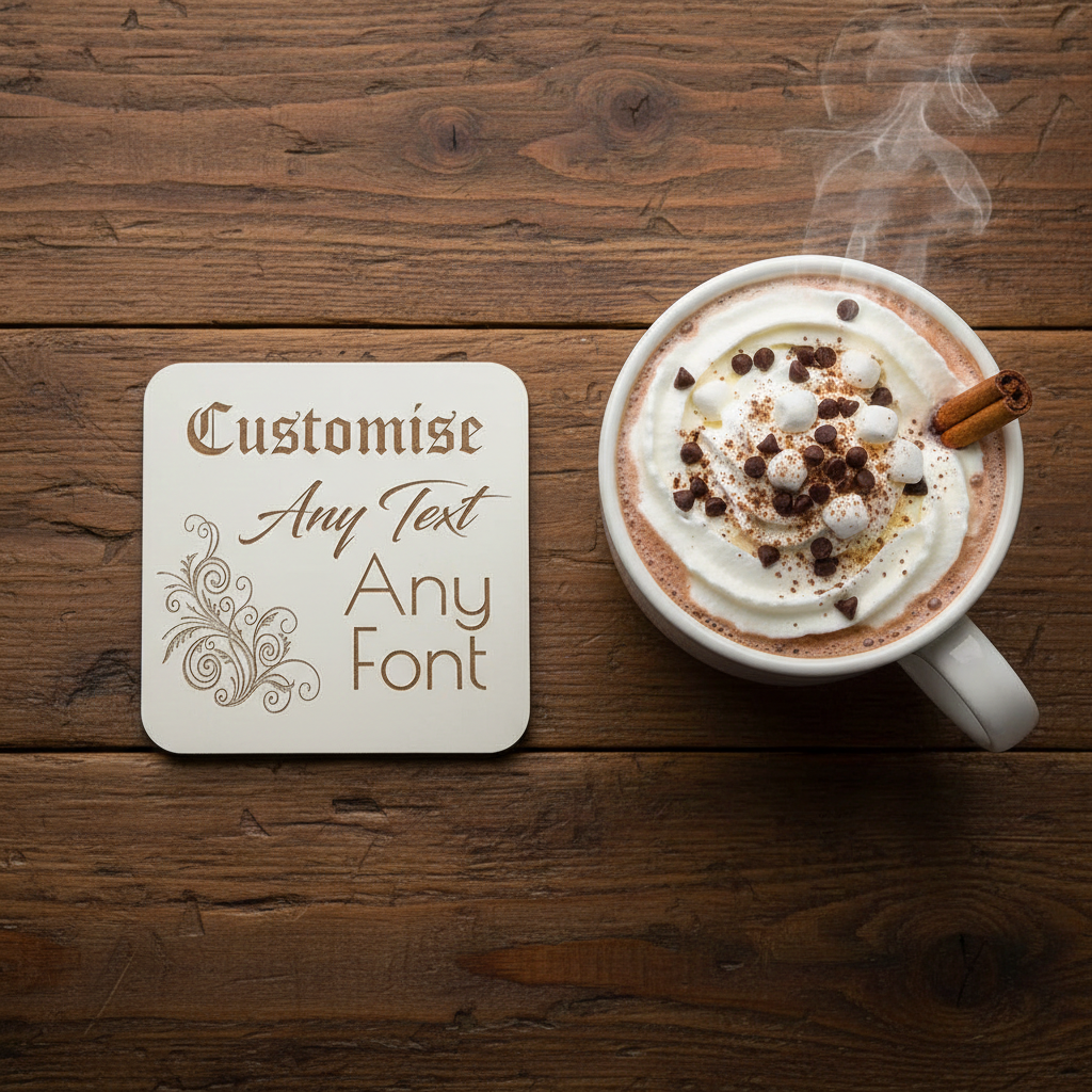 Set of 4, Customise your own Coaster, Any Text, Any Font, with bumper feet. White Topped Wood. 9.5cm x 9.5cm