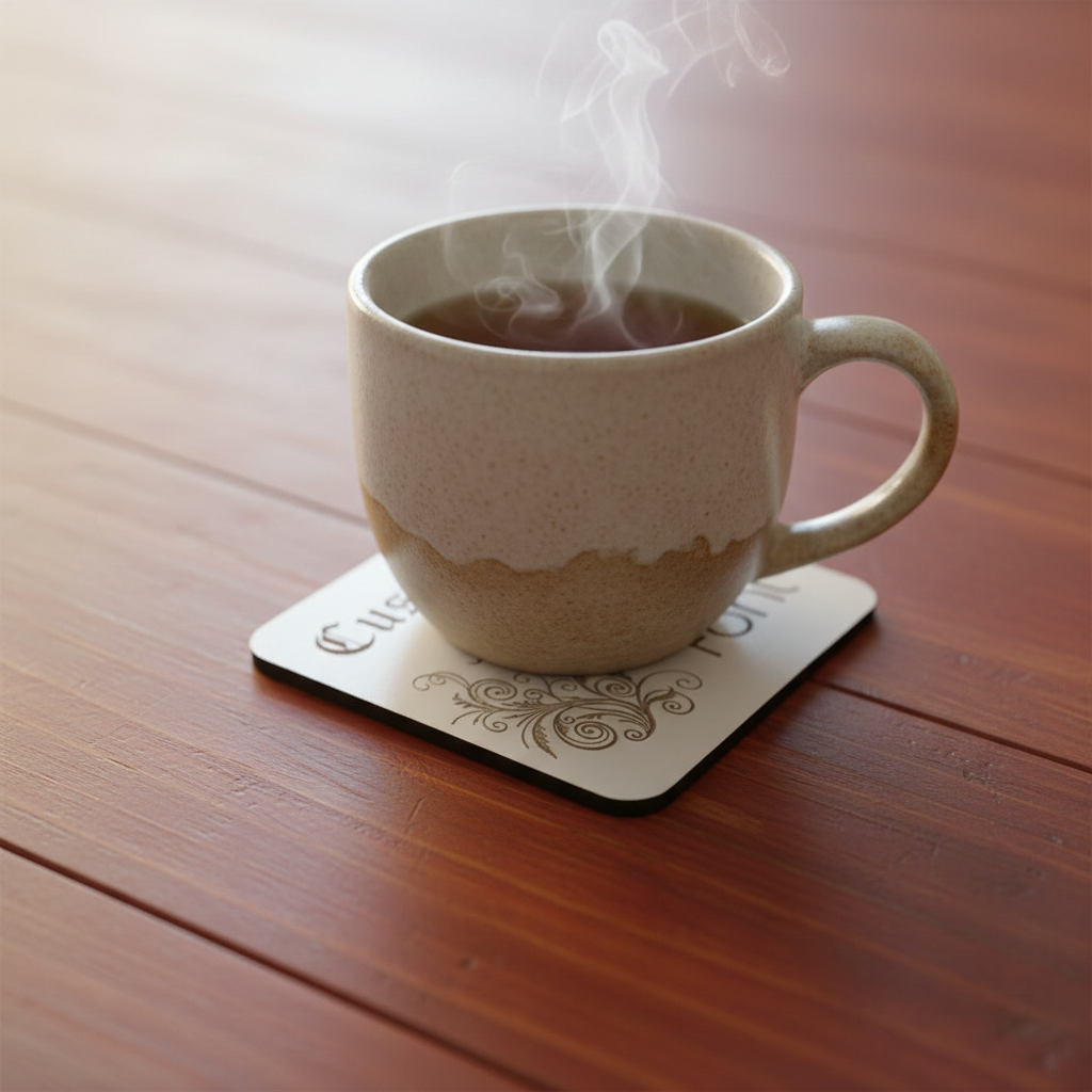 Set of 4, Customise your own Coaster, Any Text, Any Font, with bumper feet. White Topped Wood. 9.5cm x 9.5cm