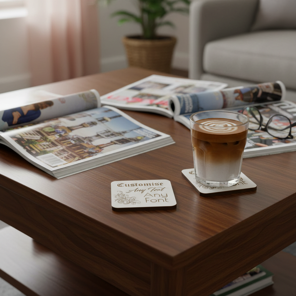 Set of 4, Customise your own Coaster, Any Text, Any Font, with bumper feet. White Topped Wood. 9.5cm x 9.5cm