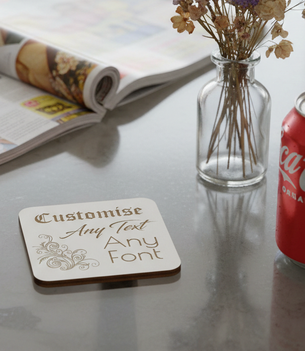 Set of 4, Customise your own Coaster, Any Text, Any Font, with bumper feet. White Topped Wood. 9.5cm x 9.5cm