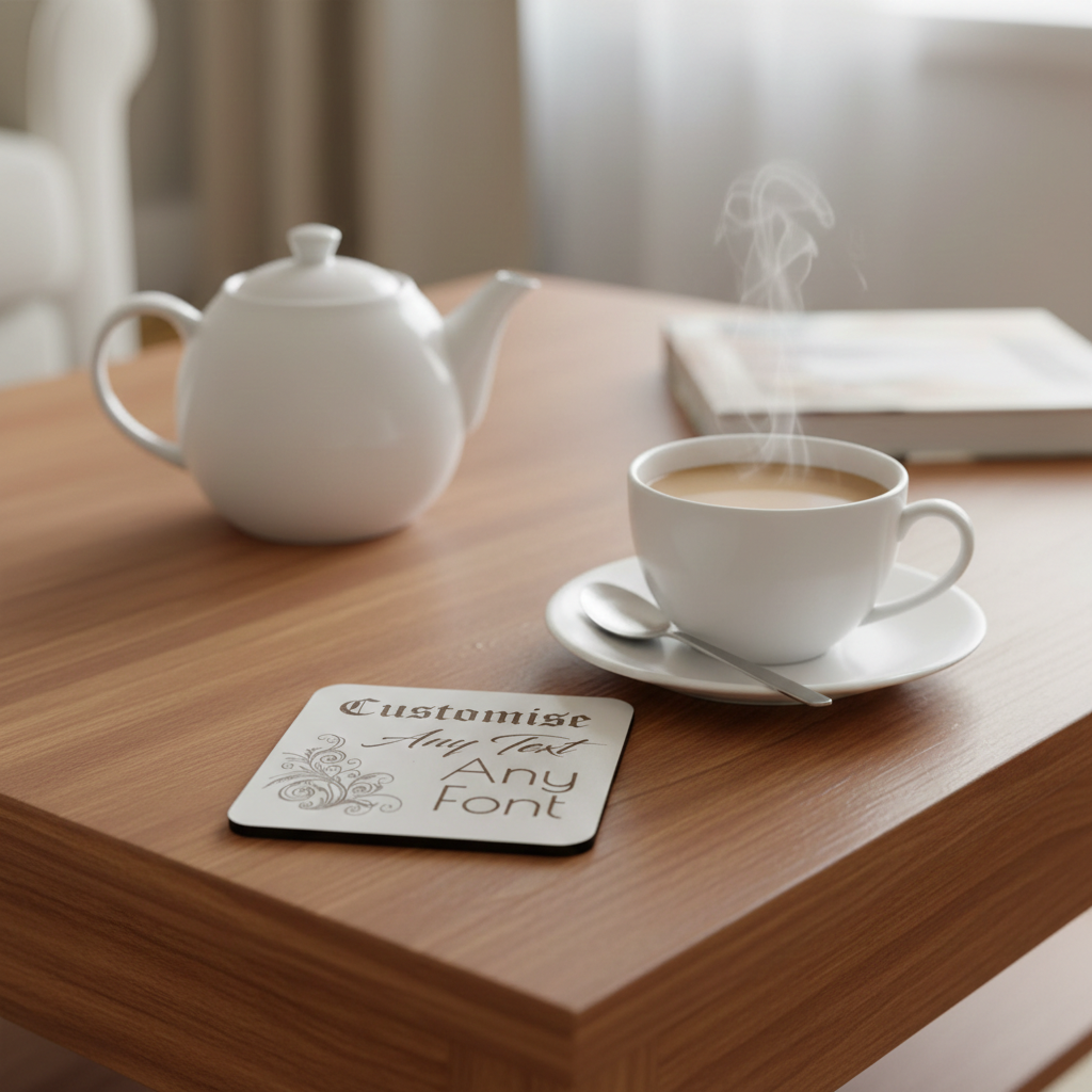 Set of 4, Customise your own Coaster, Any Text, Any Font, with bumper feet. White Topped Wood. 9.5cm x 9.5cm