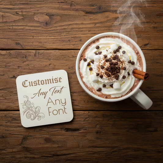 Set of 4, Customise your own Coaster, Any Text, Any Font, with bumper feet. White Topped Wood. 9.5cm x 9.5cm