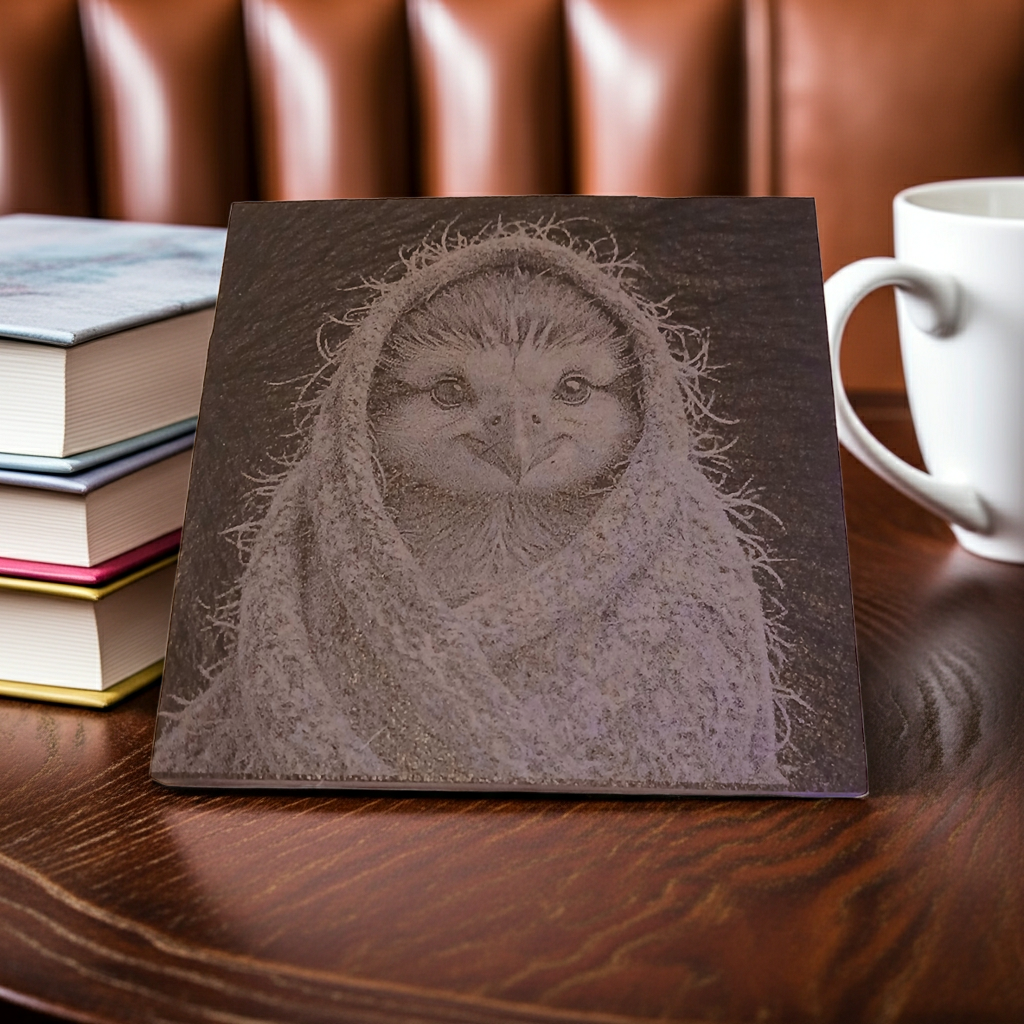 Set of 4, Cute Birdy in a shawl collection- Slate Coasters with Bumper Feet.