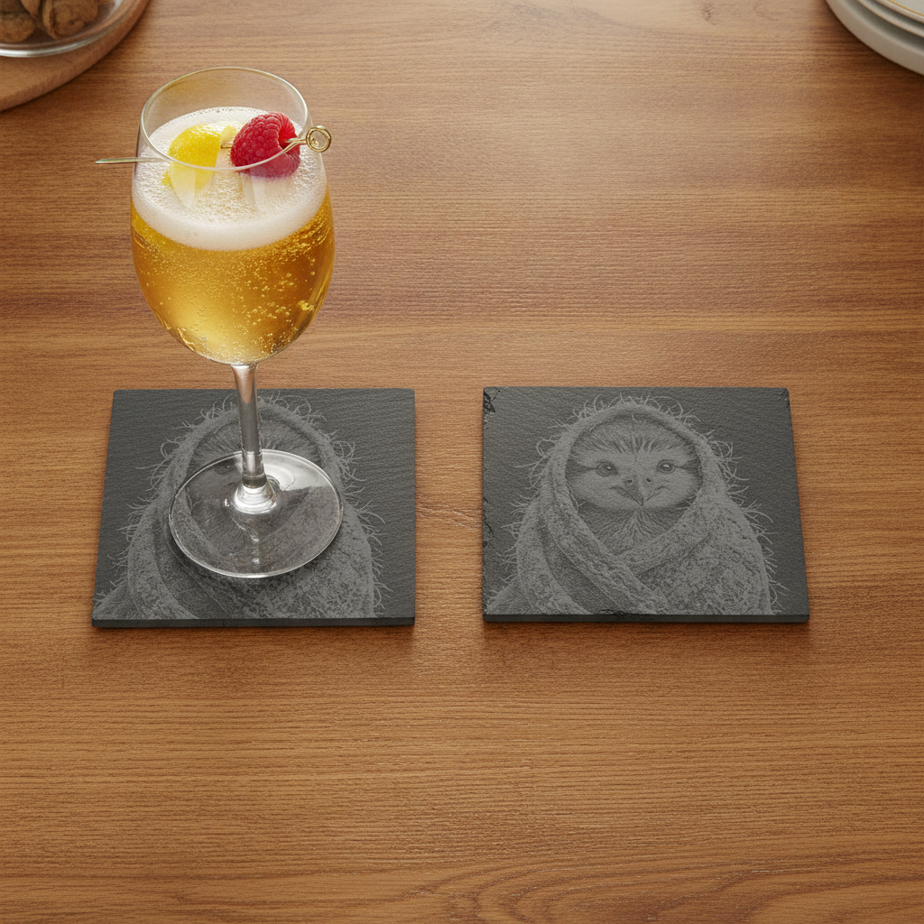 Set of 4, Cute Bird in Shawl Slate Coasters | Engraved Owl Drink Coasters with Foam Bumper Feet | Cosy Bird Lover Gift, Rustic Nature Table Décor.