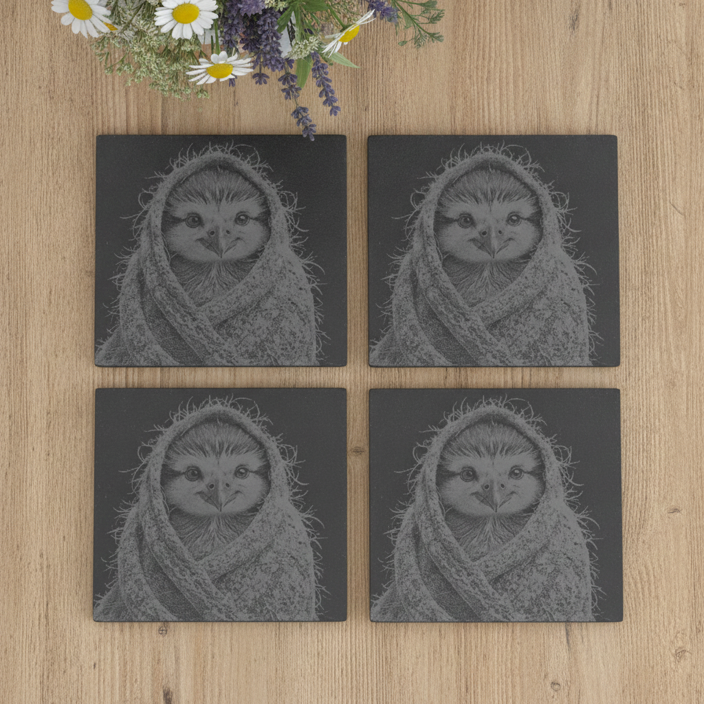 Set of 4, Cute Bird in Shawl Slate Coasters | Engraved Owl Drink Coasters with Foam Bumper Feet | Cosy Bird Lover Gift, Rustic Nature Table Décor.