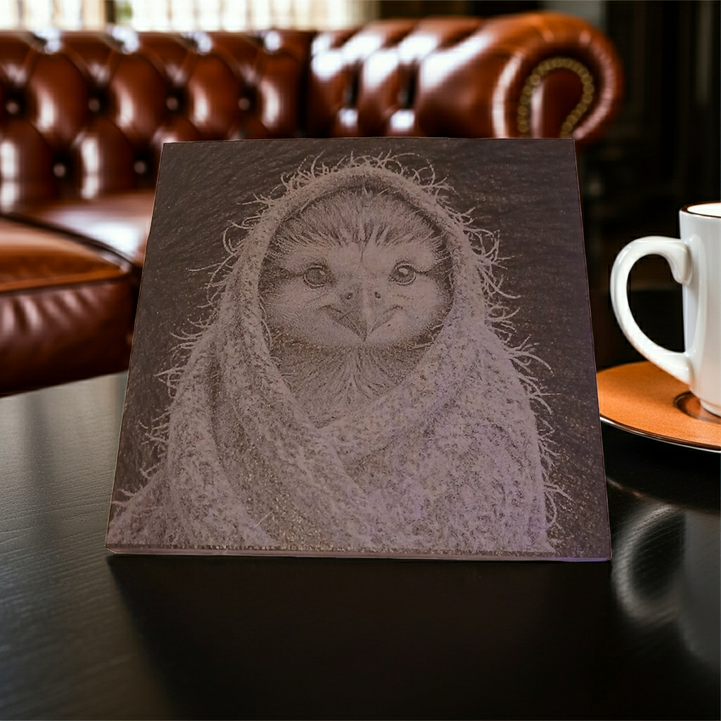 Set of 4, Cute Birdy in a shawl collection- Slate Coasters with Bumper Feet.