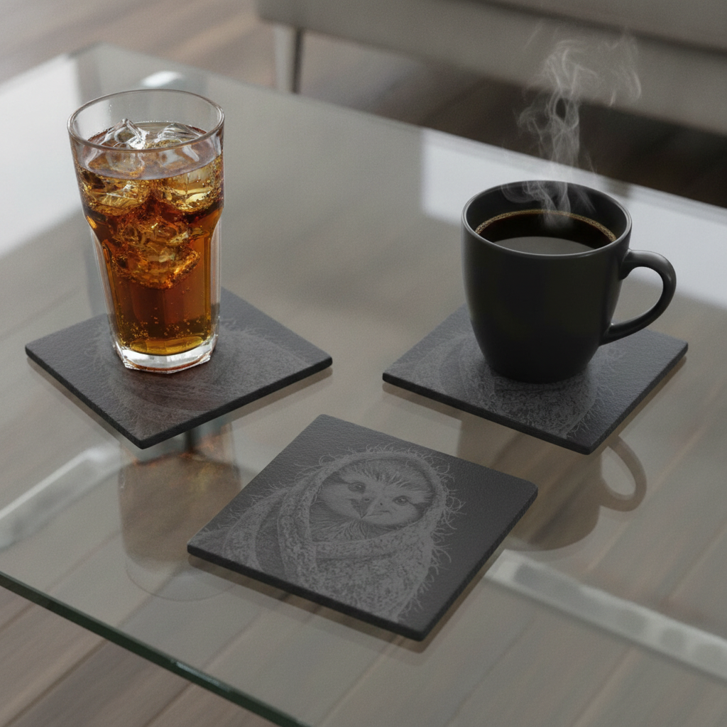 Set of 4, Cute Bird in Shawl Slate Coasters | Engraved Owl Drink Coasters with Foam Bumper Feet | Cosy Bird Lover Gift, Rustic Nature Table Décor.
