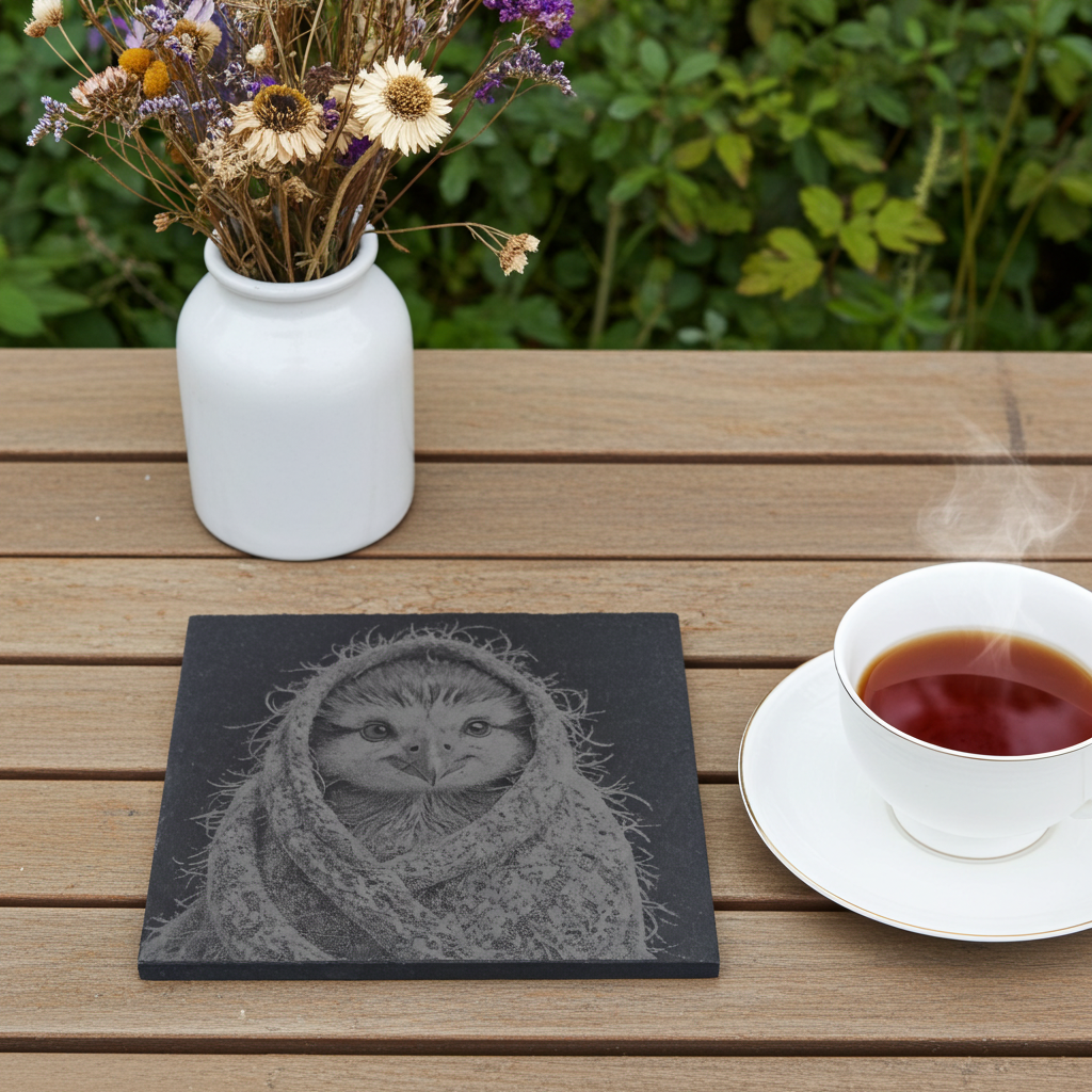 Set of 4, Cute Birdy in a shawl collection- Slate Coasters with Bumper Feet.