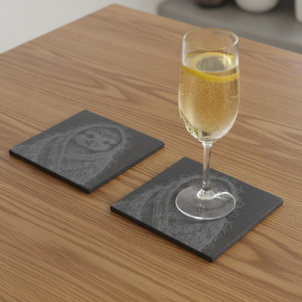 Set of 4, Cute Bird in Shawl Slate Coasters | Engraved Owl Drink Coasters with Foam Bumper Feet | Cosy Bird Lover Gift, Rustic Nature Table Décor.