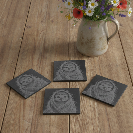 Set of 4, Cute Bird in Shawl Slate Coasters | Engraved Owl Drink Coasters with Foam Bumper Feet | Cosy Bird Lover Gift, Rustic Nature Table Décor.