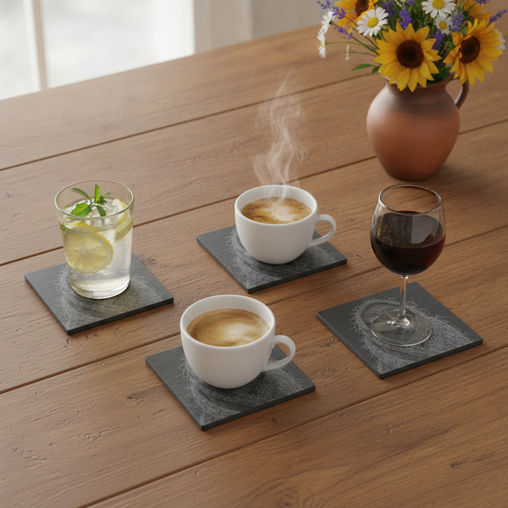 Set of 4, Cute Bird in Shawl Slate Coasters | Engraved Owl Drink Coasters with Foam Bumper Feet | Cosy Bird Lover Gift, Rustic Nature Table Décor.