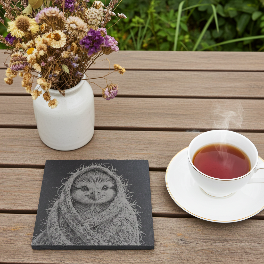 Set of 4, Cute Birdy in a shawl collection- Slate Coasters with Bumper Feet.