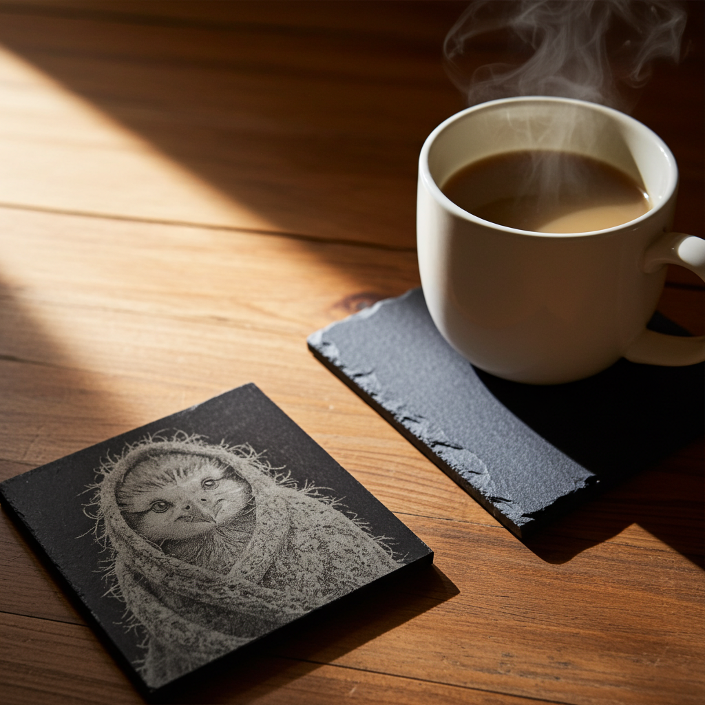Set of 4, Cute Birdy in a shawl collection- Slate Coasters with Bumper Feet.