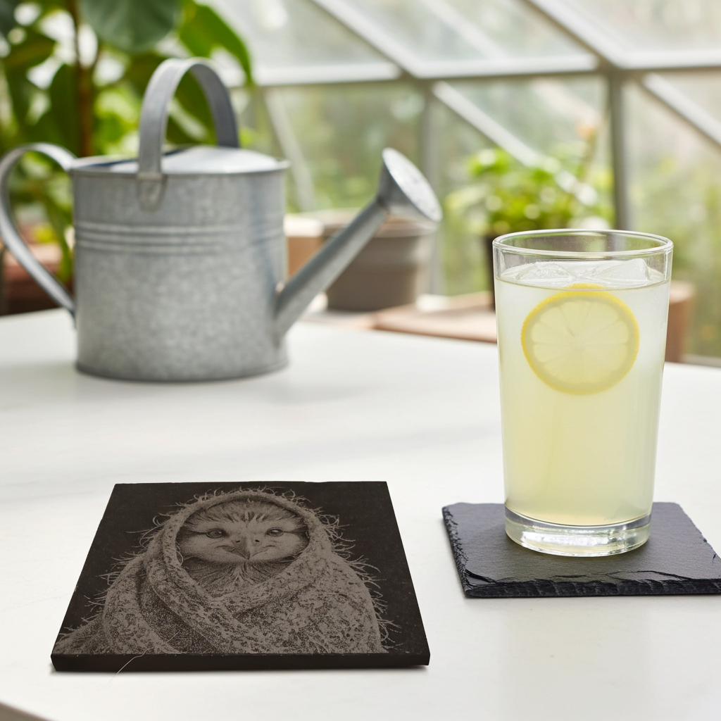 Set of 4, Cute Birdy in a shawl collection- Slate Coasters with Bumper Feet.