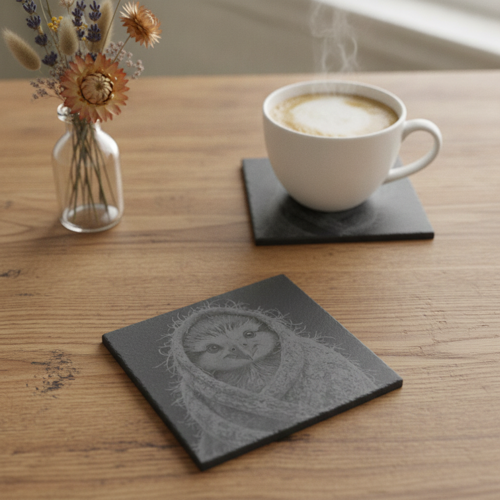 Set of 4, Cute Bird in Shawl Slate Coasters | Engraved Owl Drink Coasters with Foam Bumper Feet | Cosy Bird Lover Gift, Rustic Nature Table Décor.