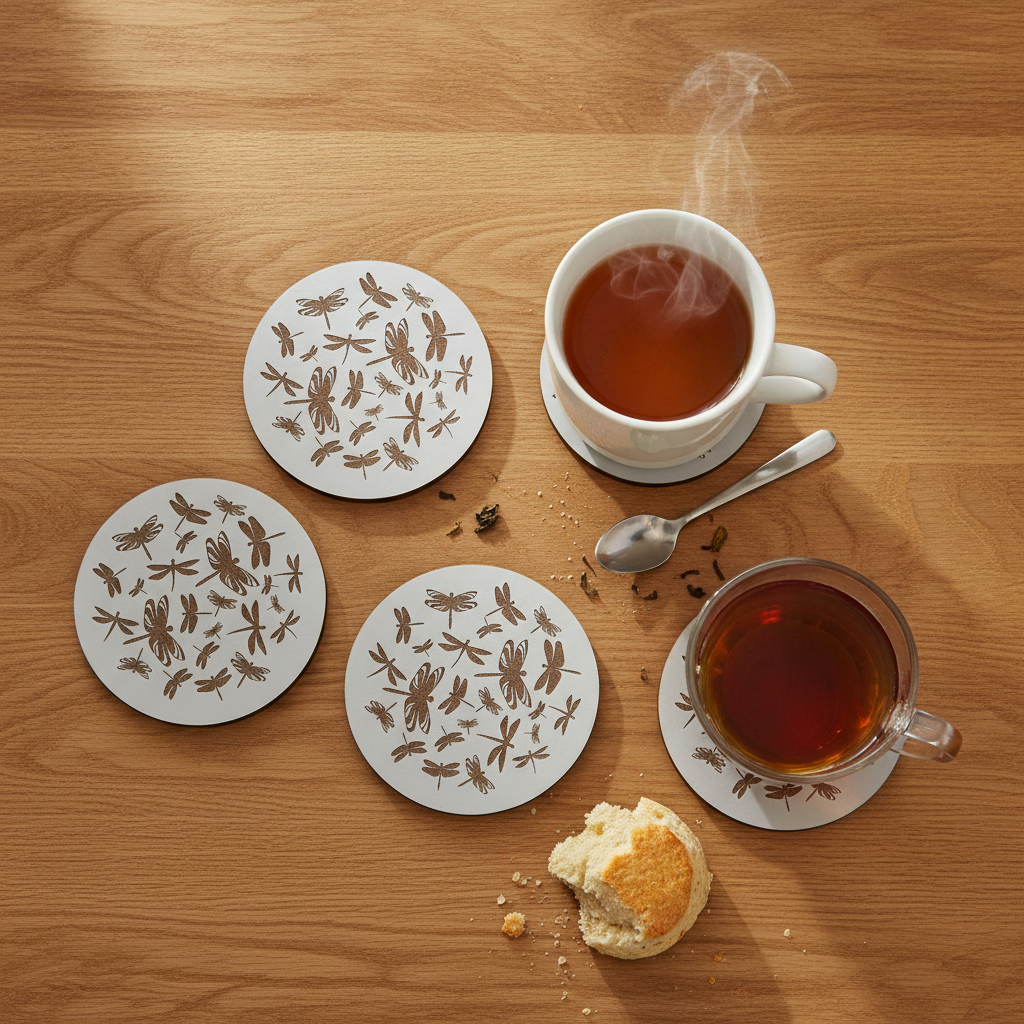 Set of 4, Dragonfly Collection, Round White Topped Drink Coasters + Bumper feet.