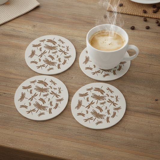 Set of 4, Dragonfly Collection, Round White Topped Drink Coasters + Bumper feet.