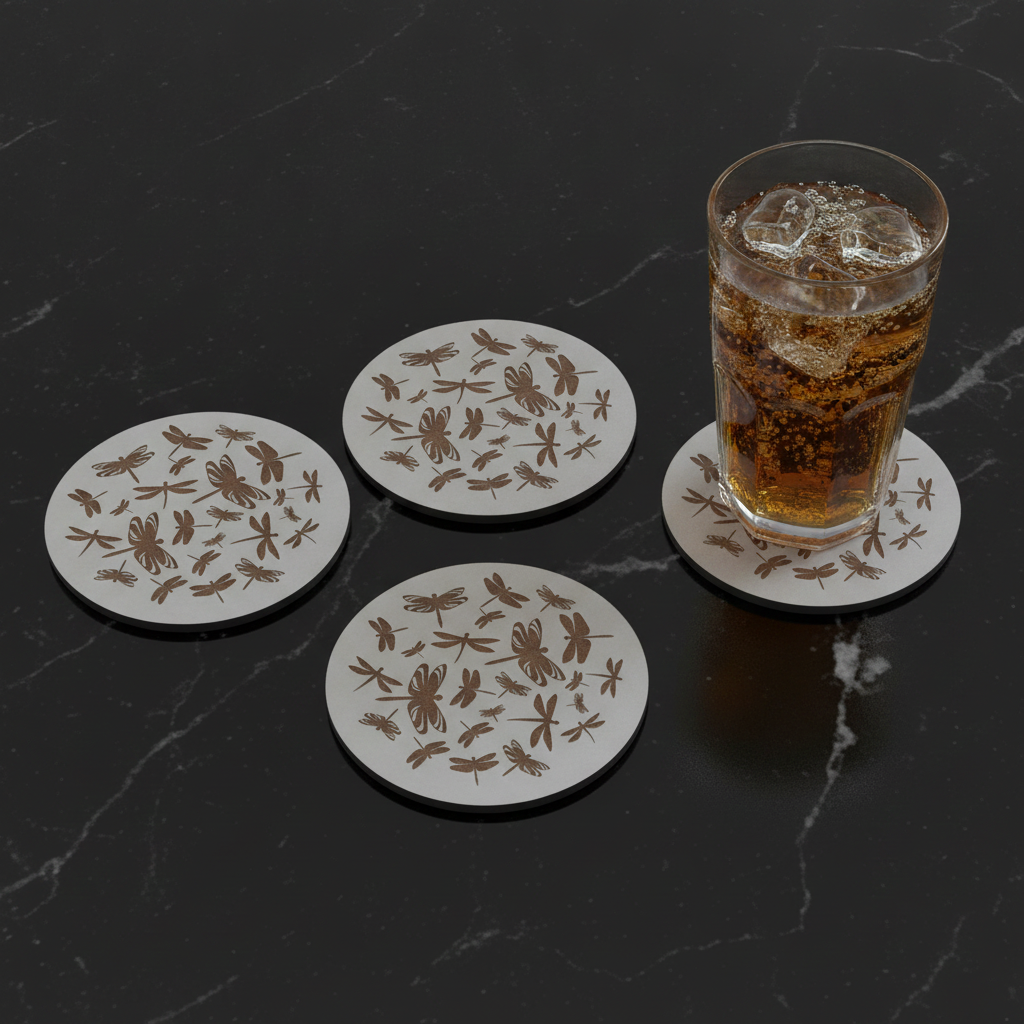 Set of 4, Dragonfly Collection, Round White Topped Drink Coasters + Bumper feet.