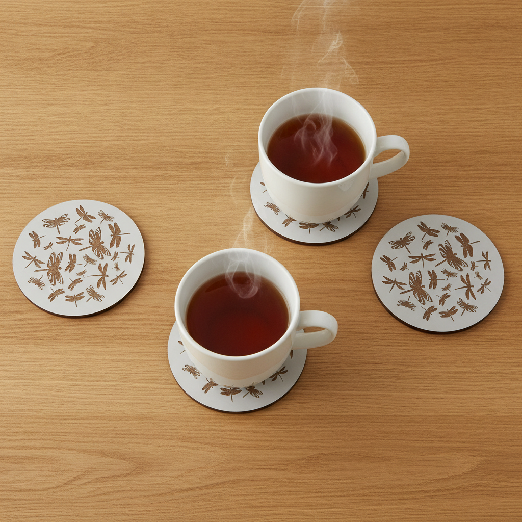 Set of 4, Dragonfly Collection, Round White Topped Drink Coasters + Bumper feet.