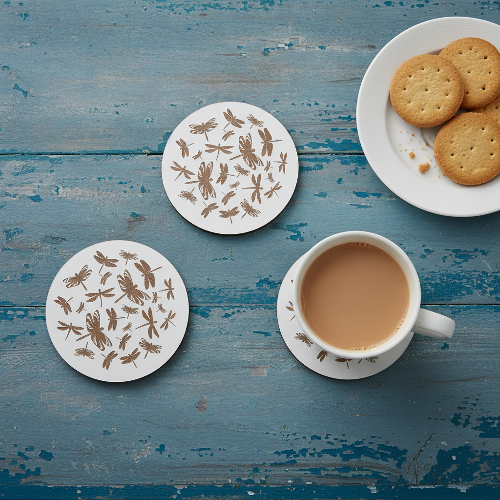 Set of 4, Dragonfly Collection, Round White Topped Drink Coasters + Bumper feet.