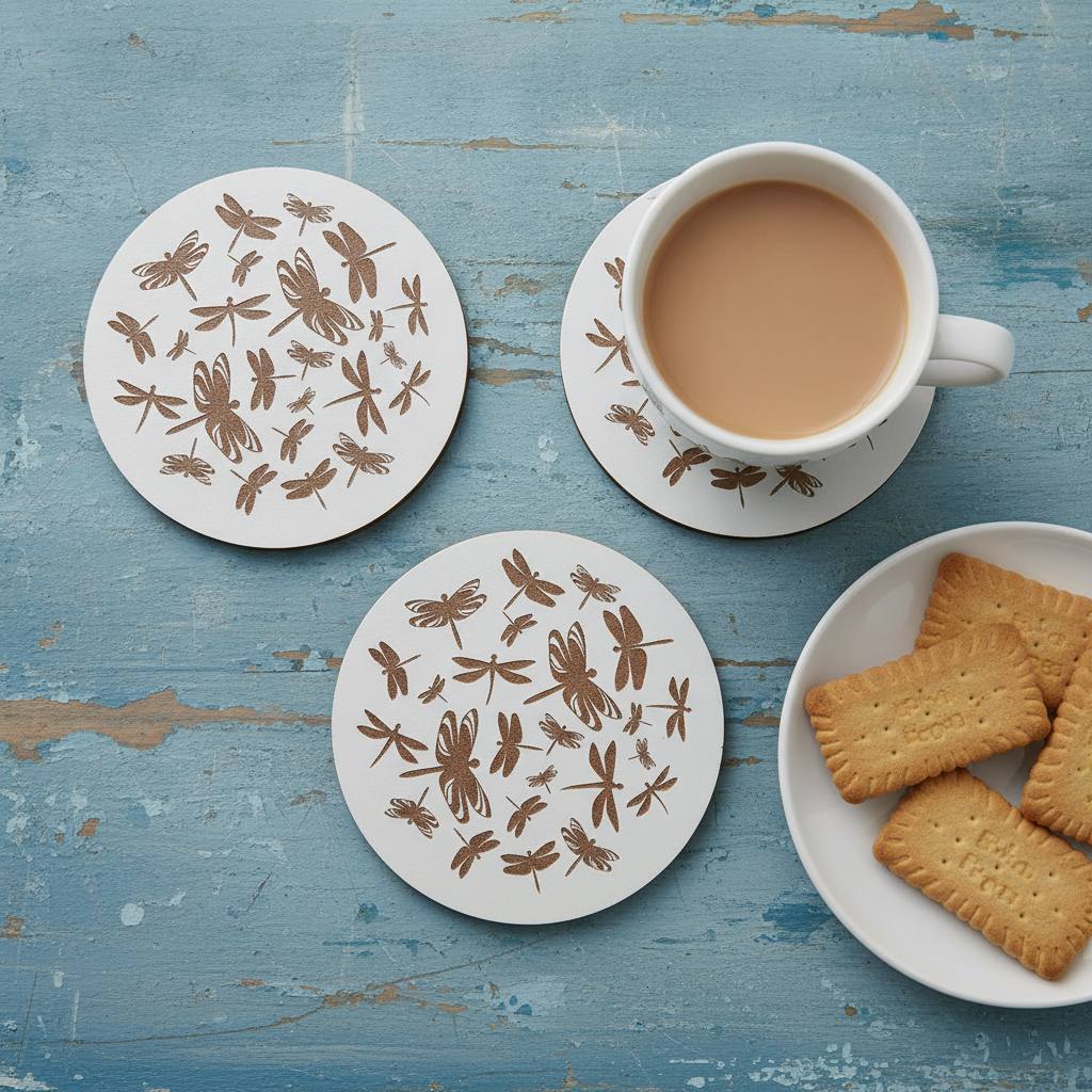 Set of 4, Dragonfly Collection, Round White Topped Drink Coasters + Bumper feet.