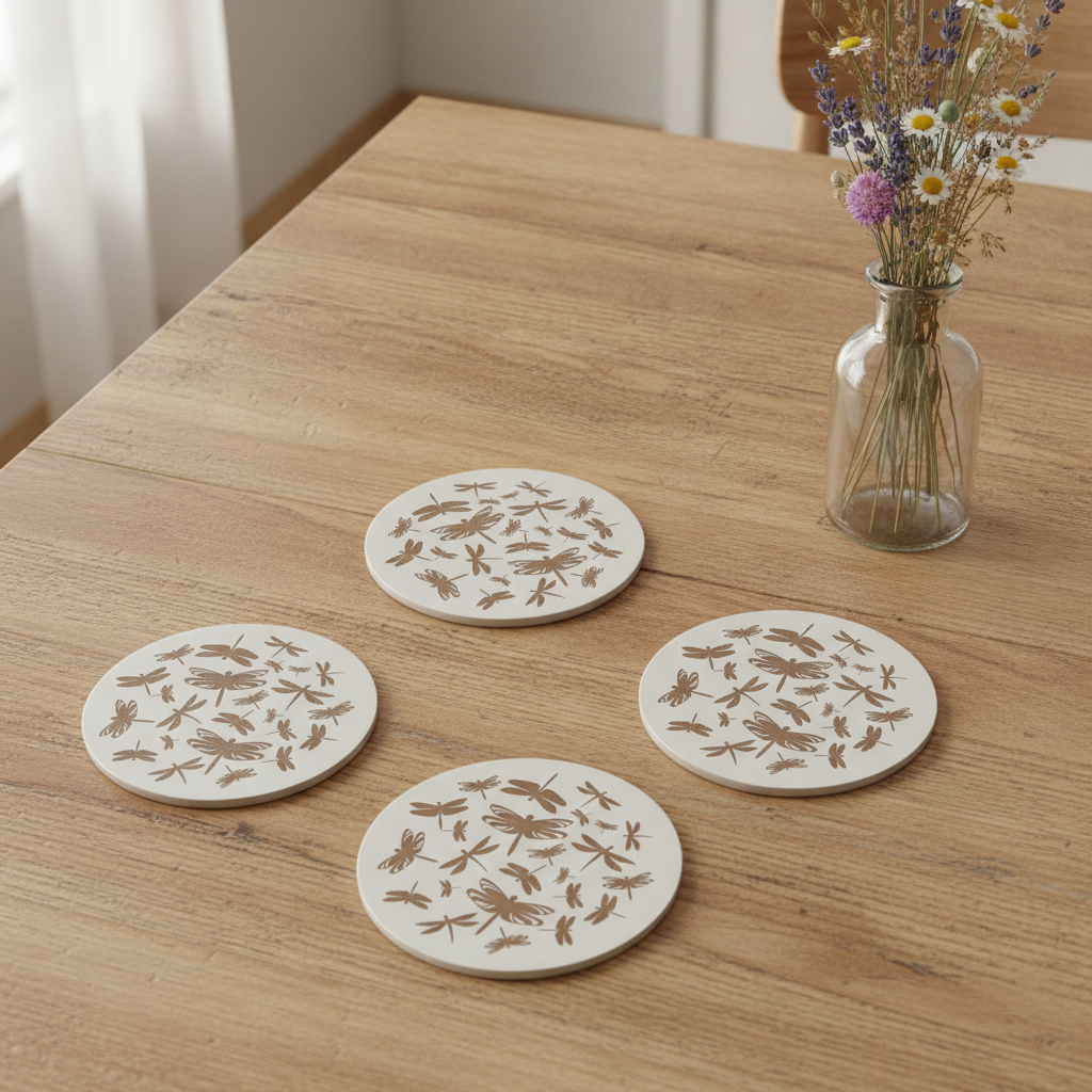 Set of 4, Dragonfly Collection, Round White Topped Drink Coasters + Bumper feet.