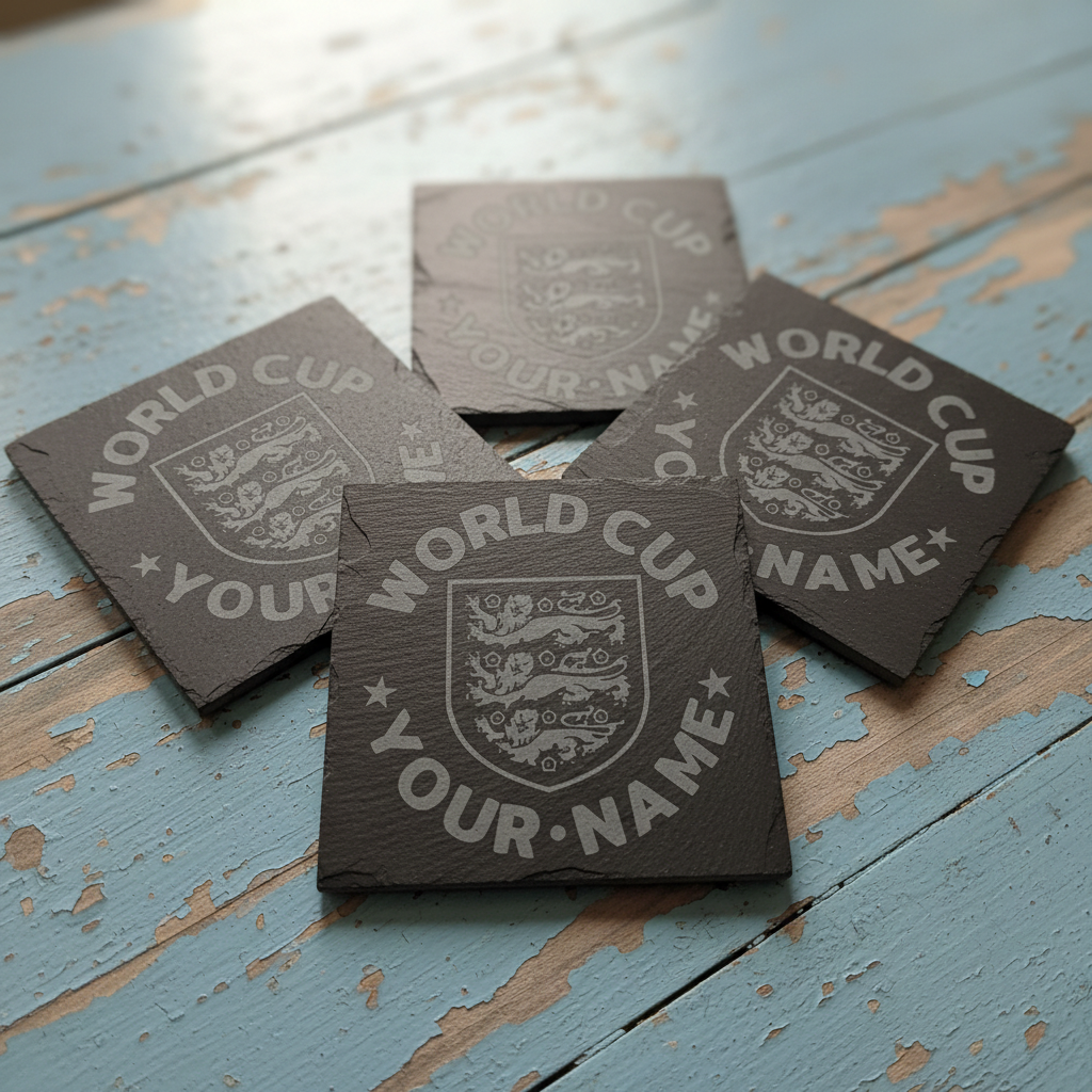 Set of 4, Personalised World Cup, Slate Coaster, featuring the English National Emblem, with Bumper Feet. 10cm x 10cm.