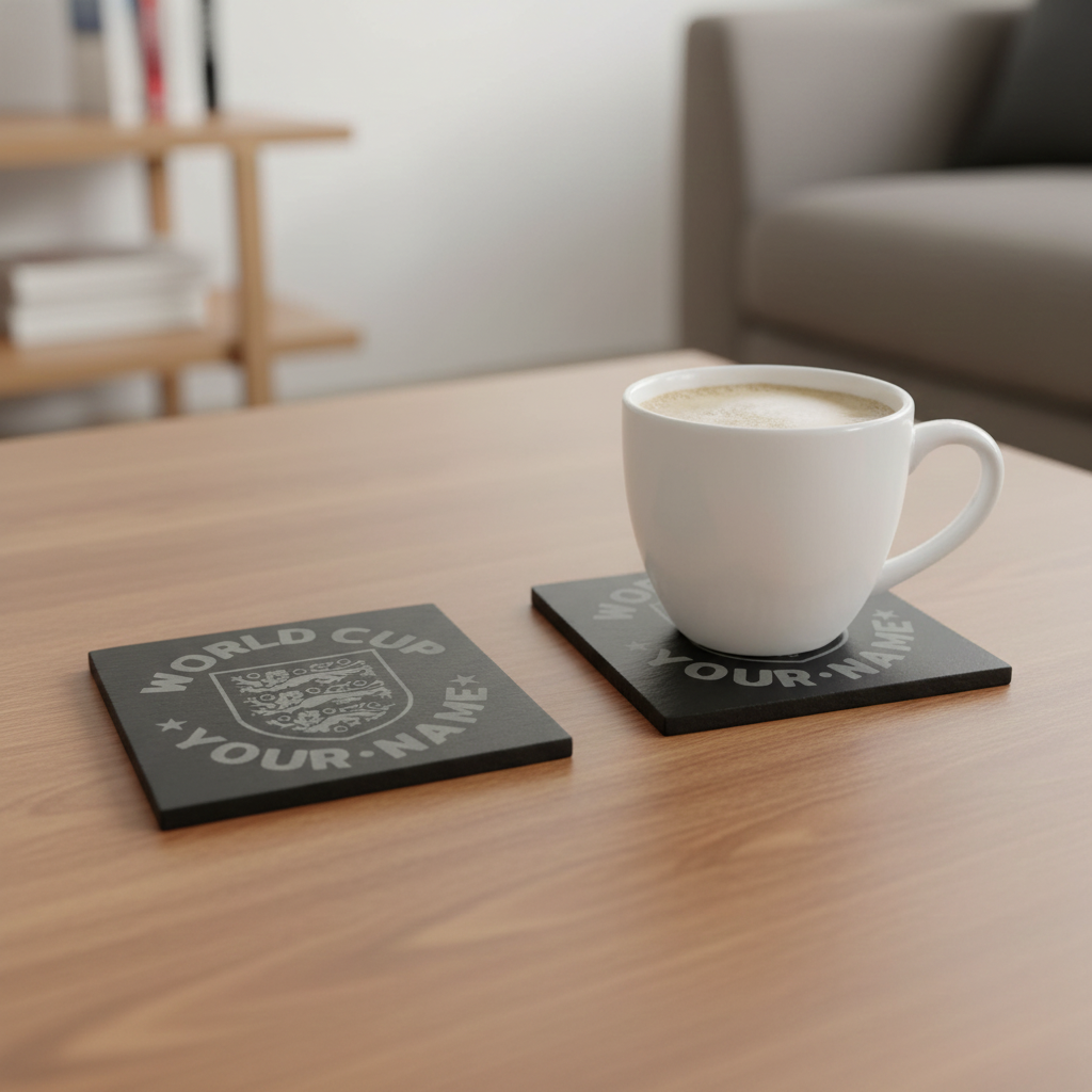 Set of 4, Personalised World Cup, Slate Coaster, featuring the English National Emblem, with Bumper Feet. 10cm x 10cm.