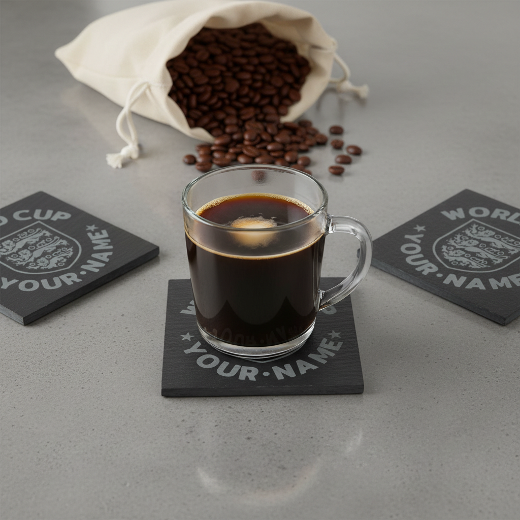 Set of 4, Personalised World Cup, Slate Coaster, featuring the English National Emblem, with Bumper Feet. 10cm x 10cm.