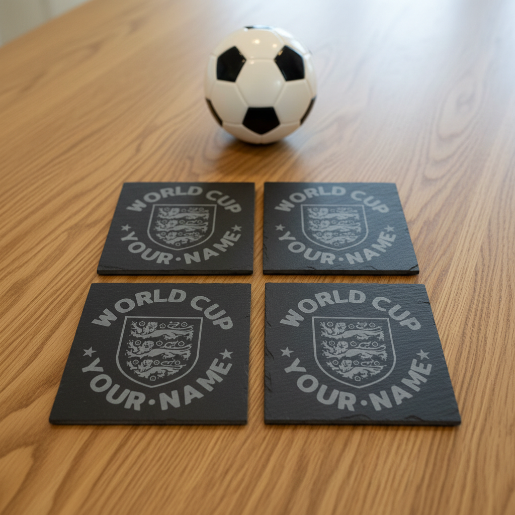 Set of 4, Personalised World Cup, Slate Coaster, featuring the English National Emblem, with Bumper Feet. 10cm x 10cm.