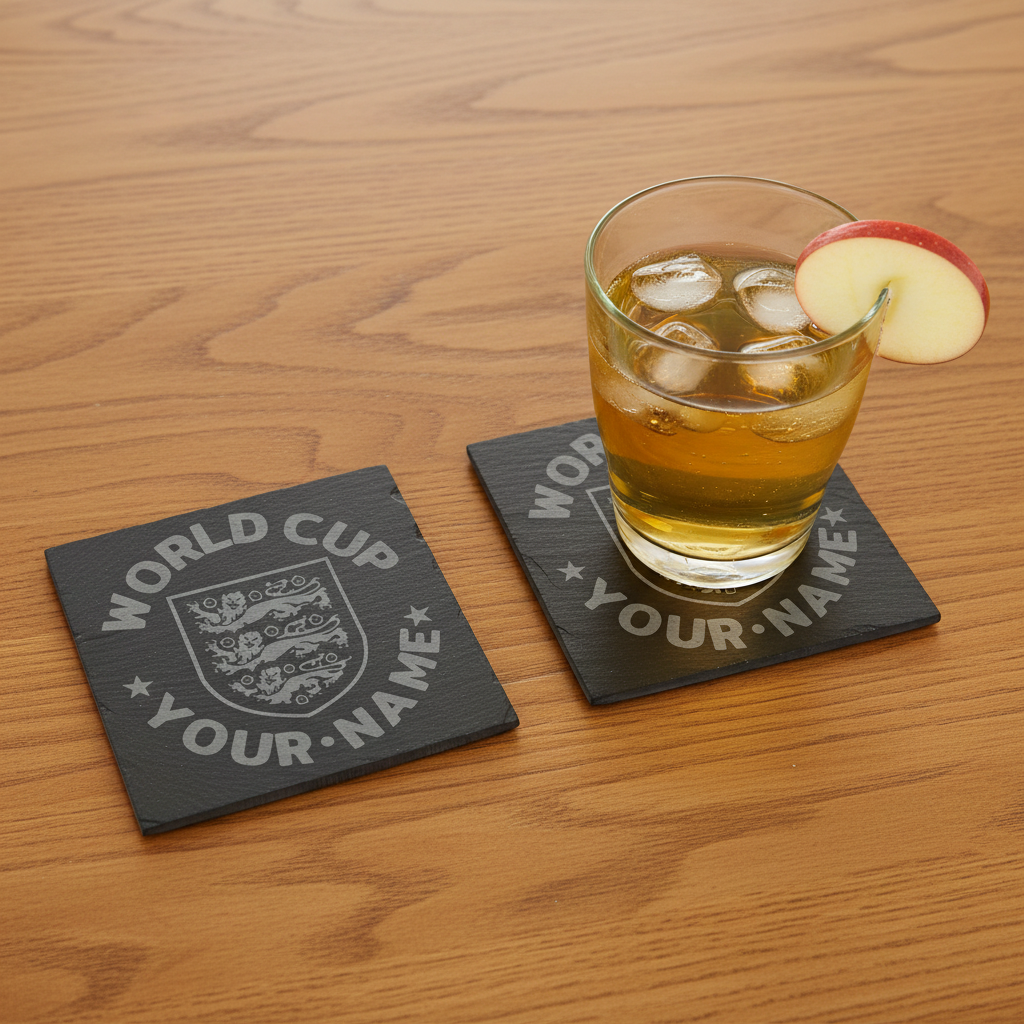 Set of 4, Personalised World Cup, Slate Coaster, featuring the English National Emblem, with Bumper Feet. 10cm x 10cm.