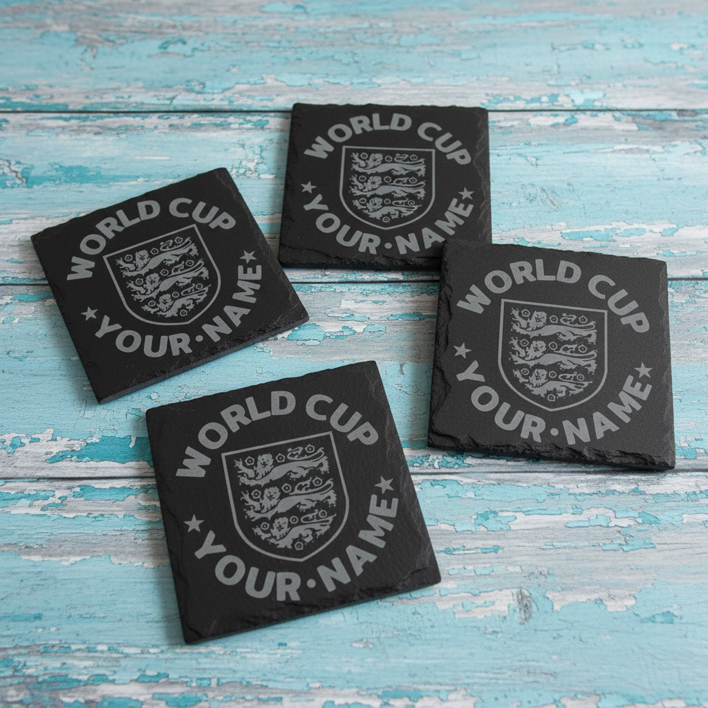 Set of 4, Personalised World Cup, Slate Coaster, featuring the English National Emblem, with Bumper Feet. 10cm x 10cm.