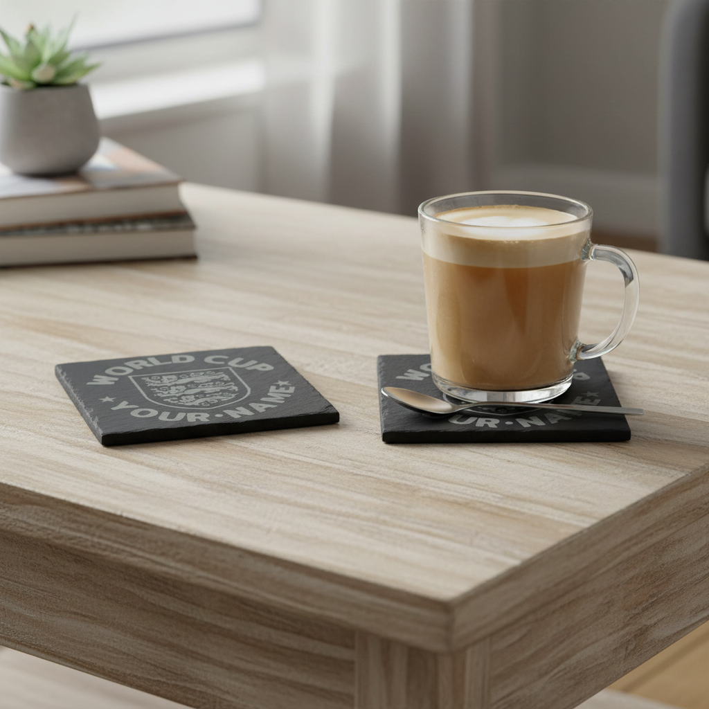 Set of 4, Personalised World Cup, Slate Coaster, featuring the English National Emblem, with Bumper Feet. 10cm x 10cm.