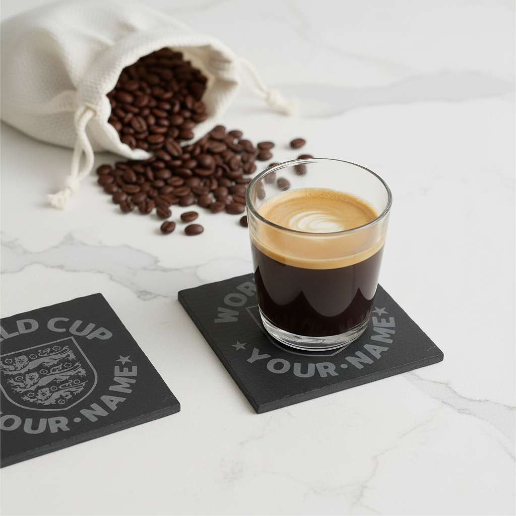 Set of 4, Personalised World Cup, Slate Coaster, featuring the English National Emblem, with Bumper Feet. 10cm x 10cm.