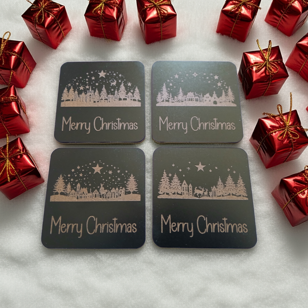 Set of 4, Exquisite engraved Christmas Scene Square Drink Coasters with bumper feet.