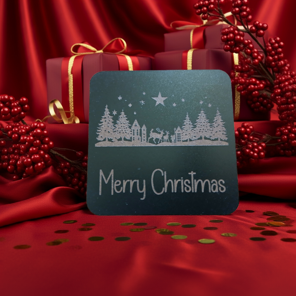 Set of 4, Exquisite engraved Christmas Scene Square Drink Coasters with bumper feet.