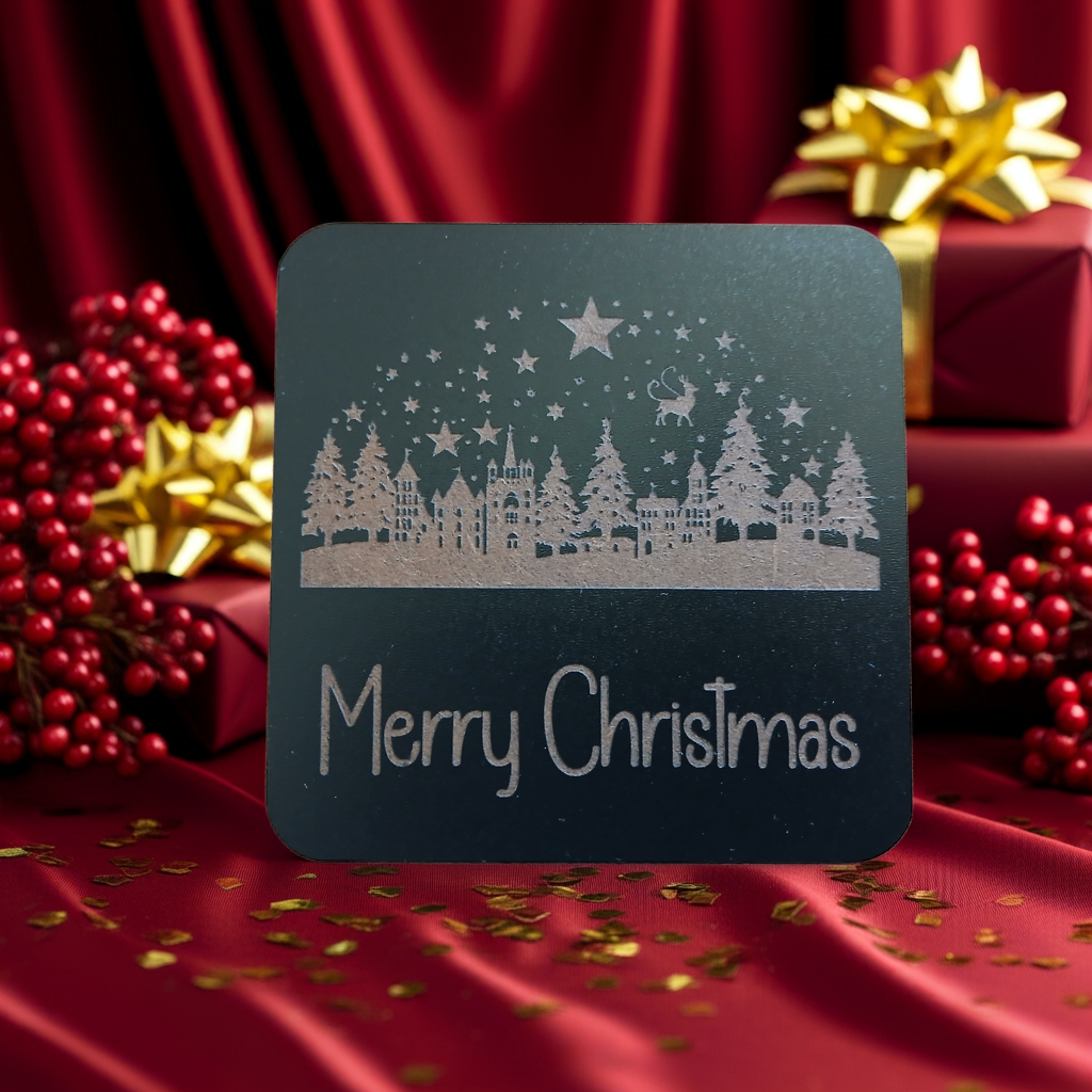 Set of 4, Exquisite engraved Christmas Scene Square Drink Coasters with bumper feet.