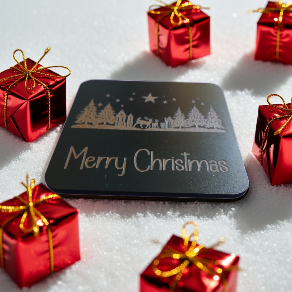 Set of 4, Exquisite engraved Christmas Scene Square Drink Coasters with bumper feet.