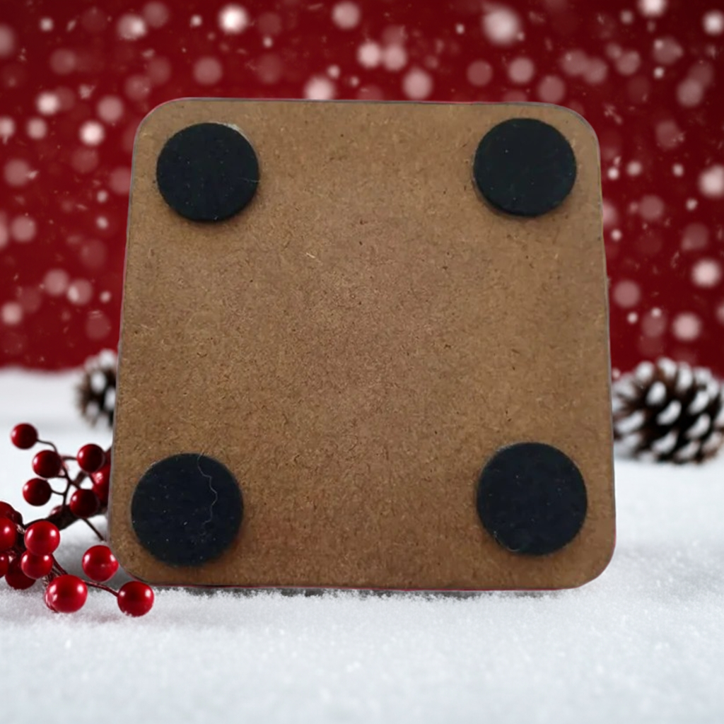 Set of 4, Exquisite engraved Christmas Scene Square Drink Coasters with bumper feet.