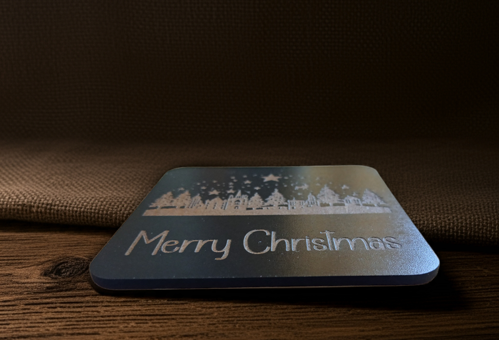 Set of 4, Exquisite engraved Christmas Scene Square Drink Coasters with bumper feet.