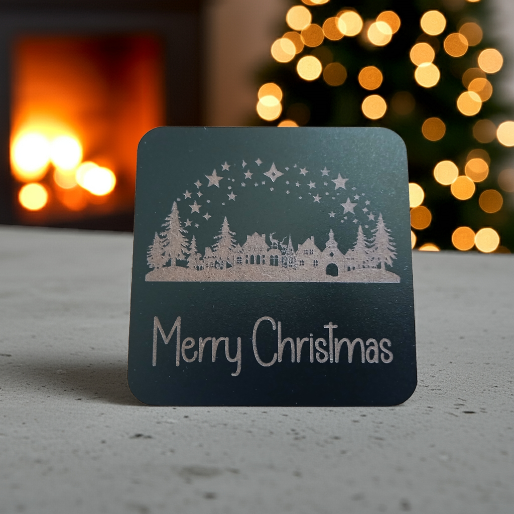 Set of 4, Exquisite engraved Christmas Scene Square Drink Coasters with bumper feet.