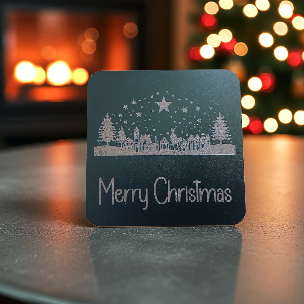 Set of 4, Exquisite engraved Christmas Scene Square Drink Coasters with bumper feet.