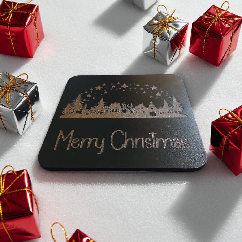 Set of 4, Exquisite engraved Christmas Scene Square Drink Coasters with bumper feet.