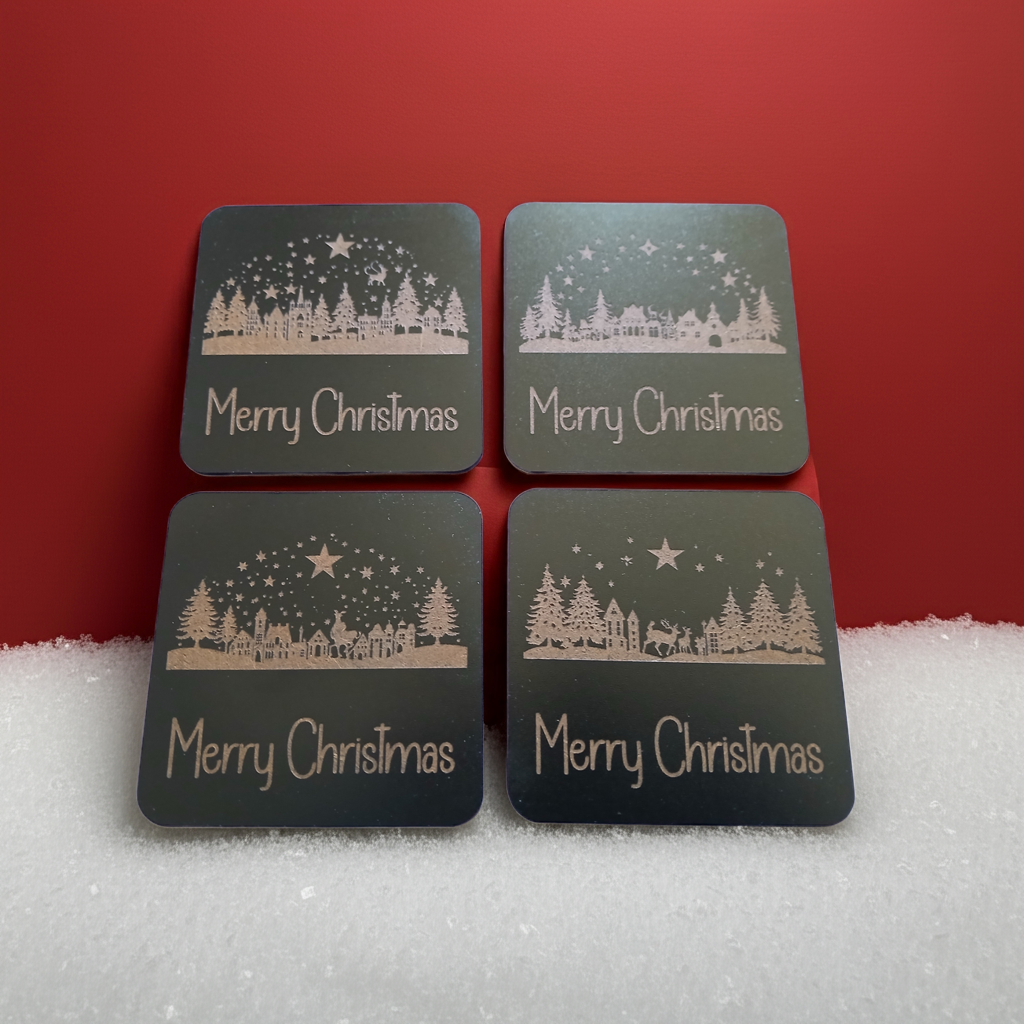 Set of 4, Exquisite engraved Christmas Scene Square Drink Coasters with bumper feet.
