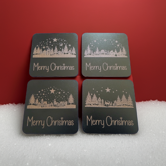 Set of 4, Exquisite engraved Christmas Scene Square Drink Coasters with bumper feet.